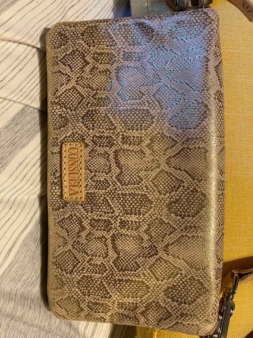Consuela Taupe Snake-Print Crossbody with Colorful Woven Strap